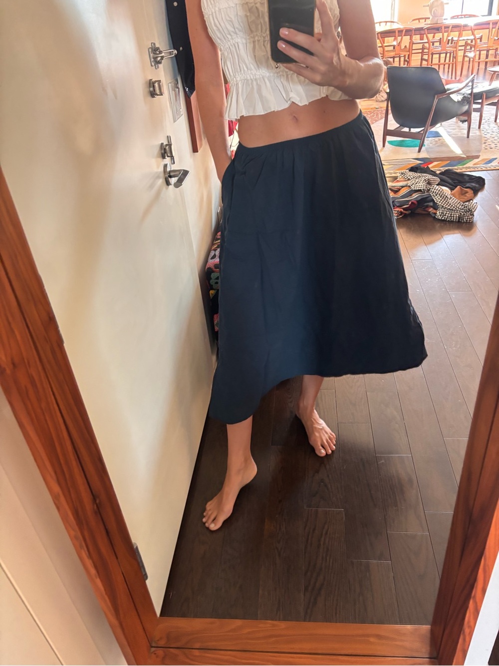 Women's Navy Midi Skirt with Elastic Waist